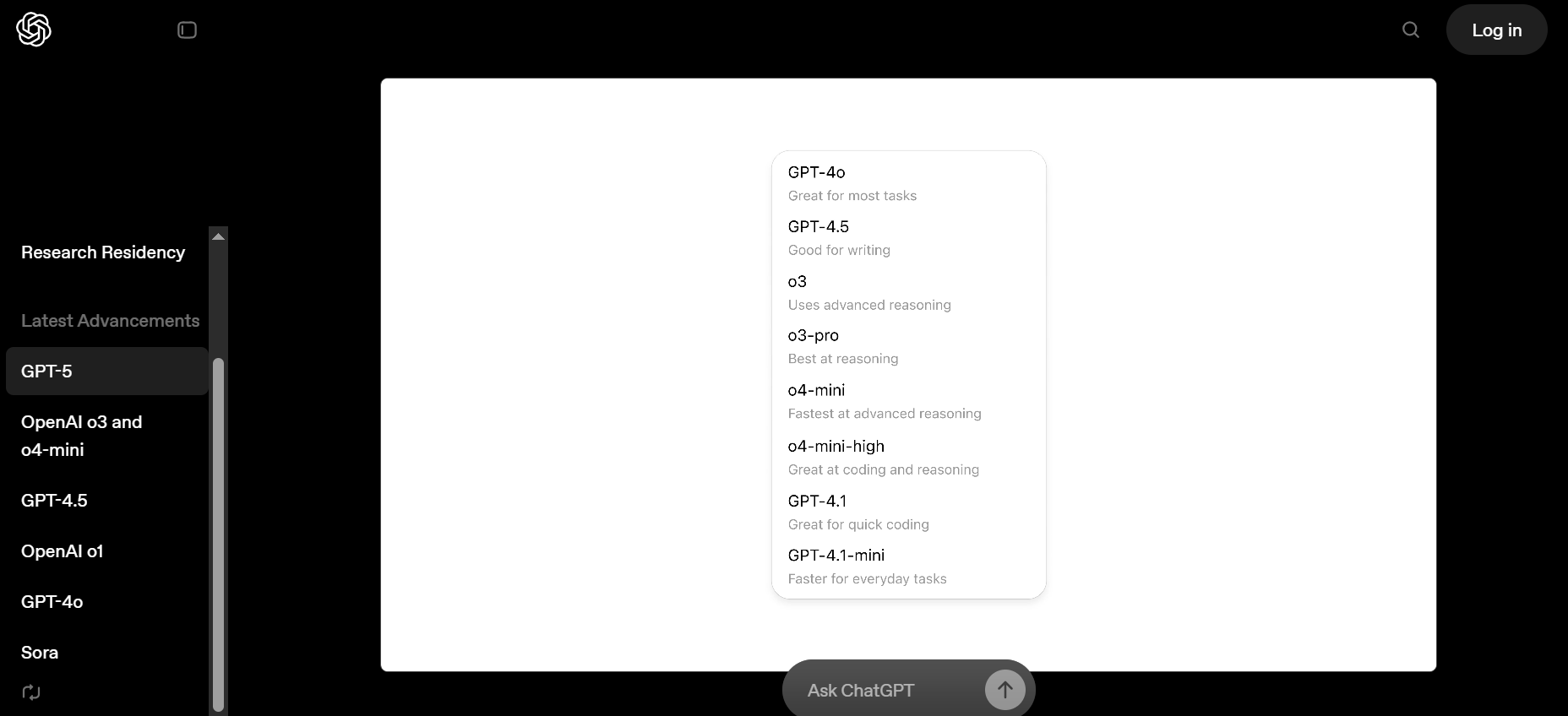 GPT-5, GPT-4.5, GPT-4o, o3, o3-pro, and o4-mini options on the ChatGPT interface