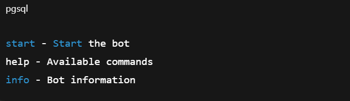 Telegram bot command descriptions showing start, help, and info actions